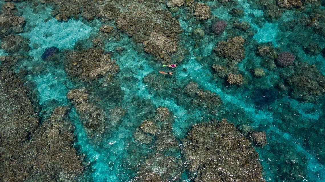 Aerial view of two snorkelers in vibrant turquoise water surrounded by clusters of coral reefs. The scene conveys tranquility and natural beauty.