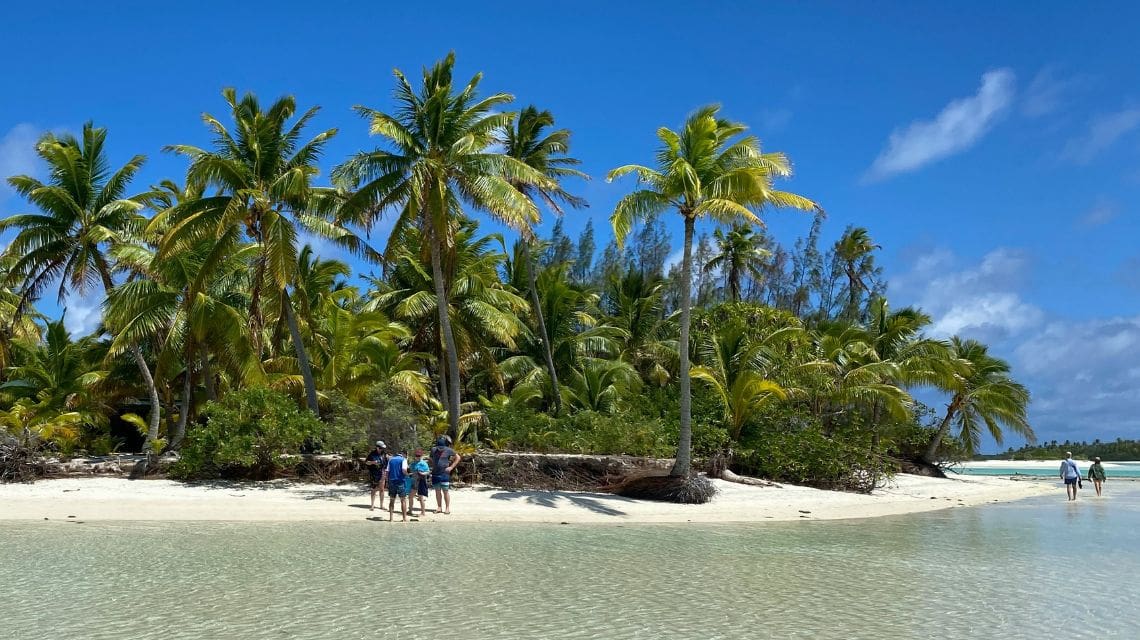 A tropical island scene with clear blue skies and fluffy clouds. Lush palm trees line the sandy beach, while calm, shallow waters reflect the vibrant setting.