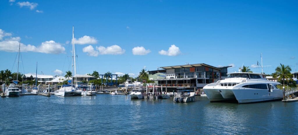 Marina scene with multiple boats, including a large yacht in the foreground. Palm trees and a modern building line the harbor under a clear blue sky.