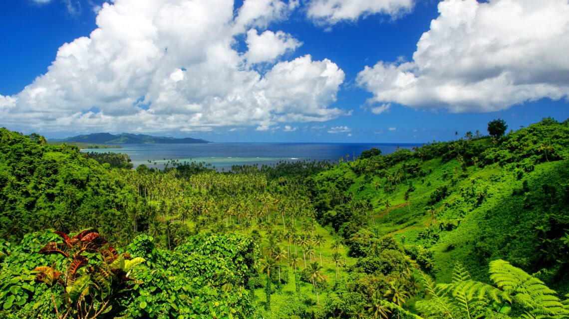 Lush green landscape with palm trees and hills under a bright blue sky, dotted with fluffy white clouds. Ocean visible in the distance, conveying serenity.