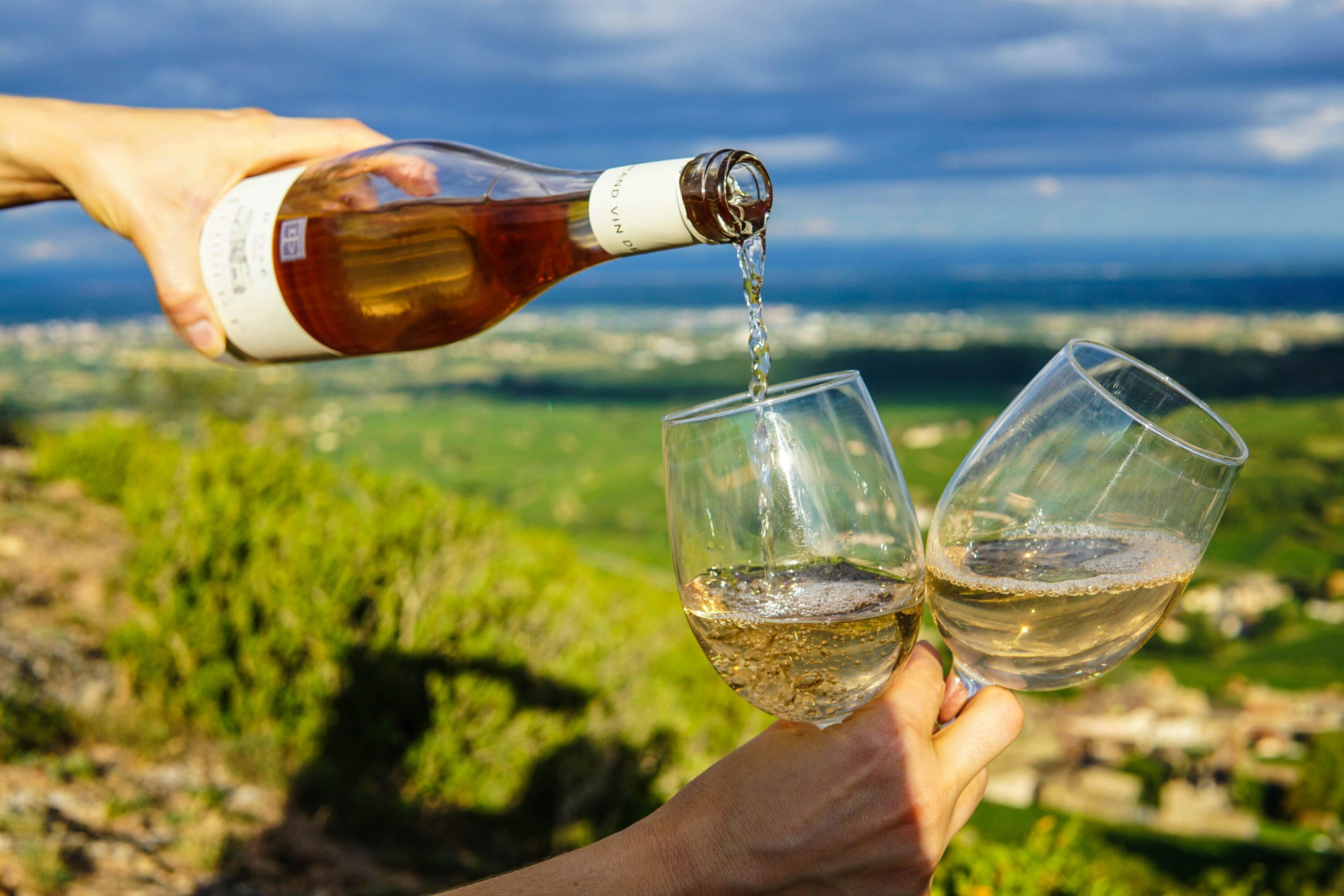 Hands pour white wine into two glasses against a scenic vineyard backdrop. The setting sun casts a warm glow, creating a relaxed, celebratory mood.