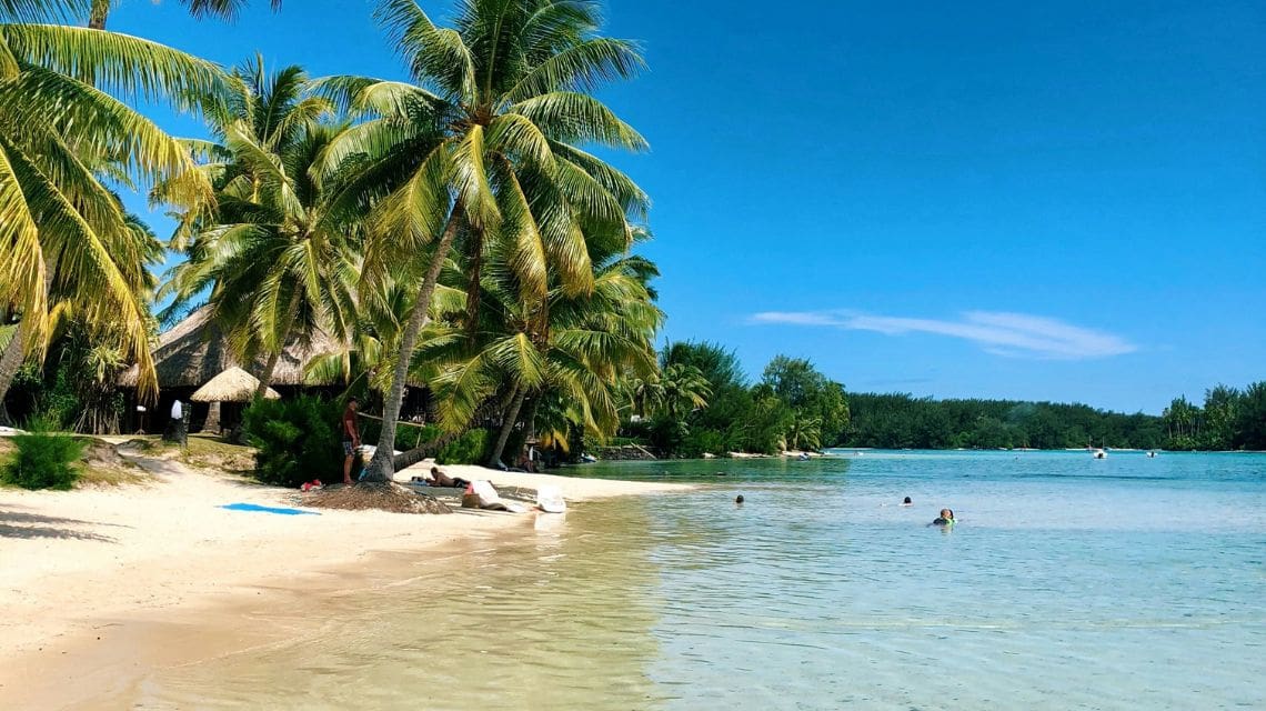 Tropical beach with clear blue water and white sand. Palm trees line the shore, with thatched-roof huts visible. A few people swim and relax, creating a serene atmosphere.