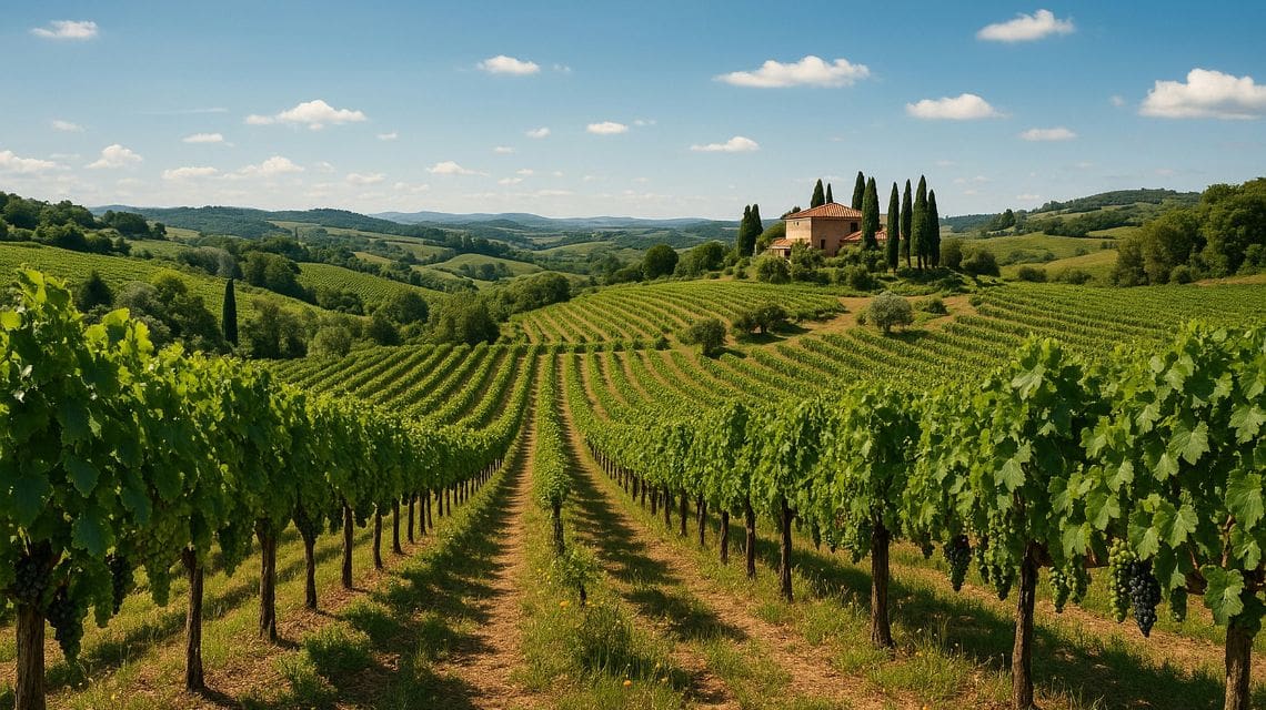 Lush vineyard rows extend toward a distant rustic villa surrounded by cypress trees, under a clear blue sky. The scene conveys tranquility and natural beauty.