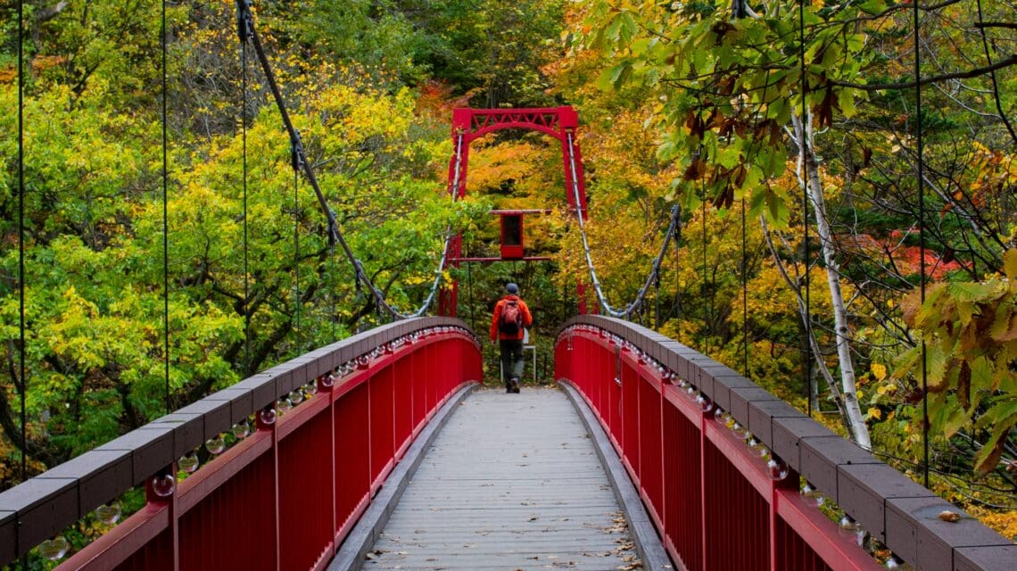 A person in an orange jacket walks across a red suspension bridge surrounded by vibrant autumn foliage, conveying a sense of exploration and tranquility.