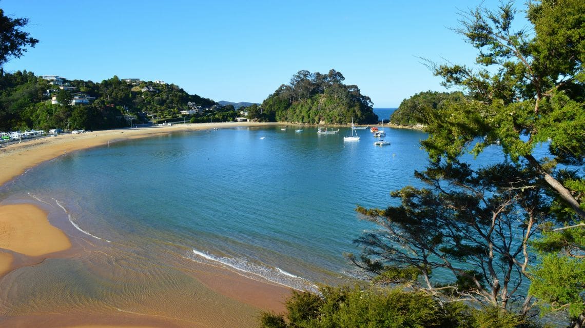 Beach surrounded by lush vegetation and boats in the distance