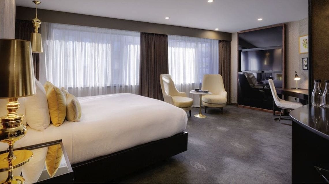 Interior hotel room, large bed next to wall of windows with sunshine pouring in