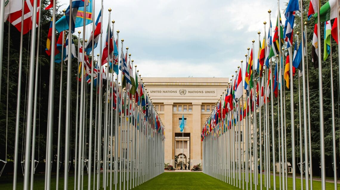 Pathway lined with numerous international flags leads to a grand stone building labeled "United Nations," evoking a sense of global unity and diplomacy.