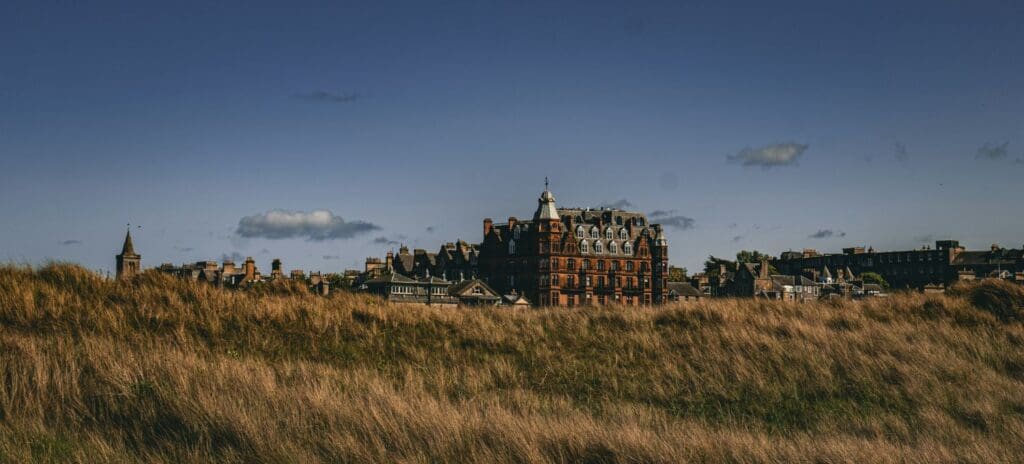 Historic buildings with ornate architecture sit behind tall, golden grass under a clear blue sky, conveying a serene, timeless atmosphere.