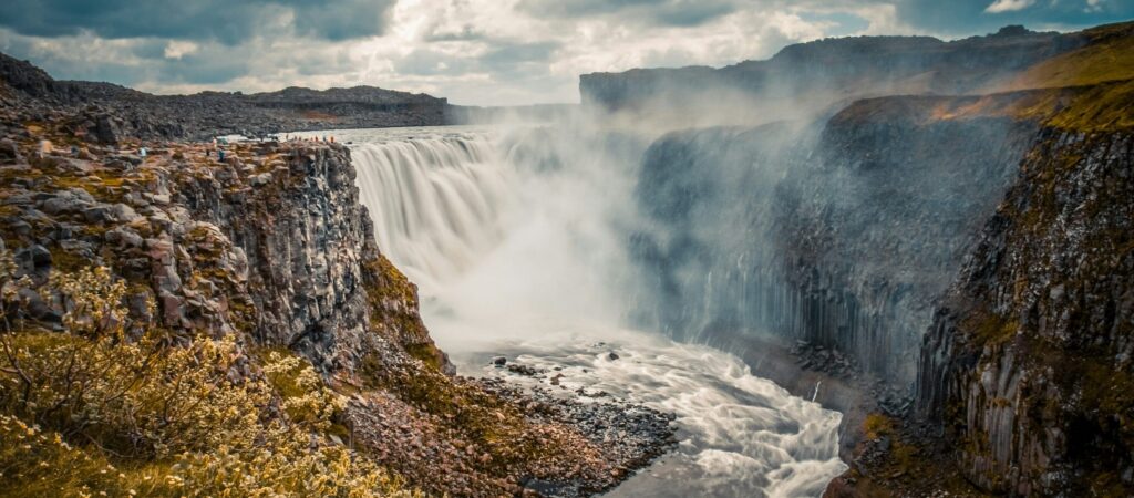 Cascading waterfall in a lush valley with yellow flowers
