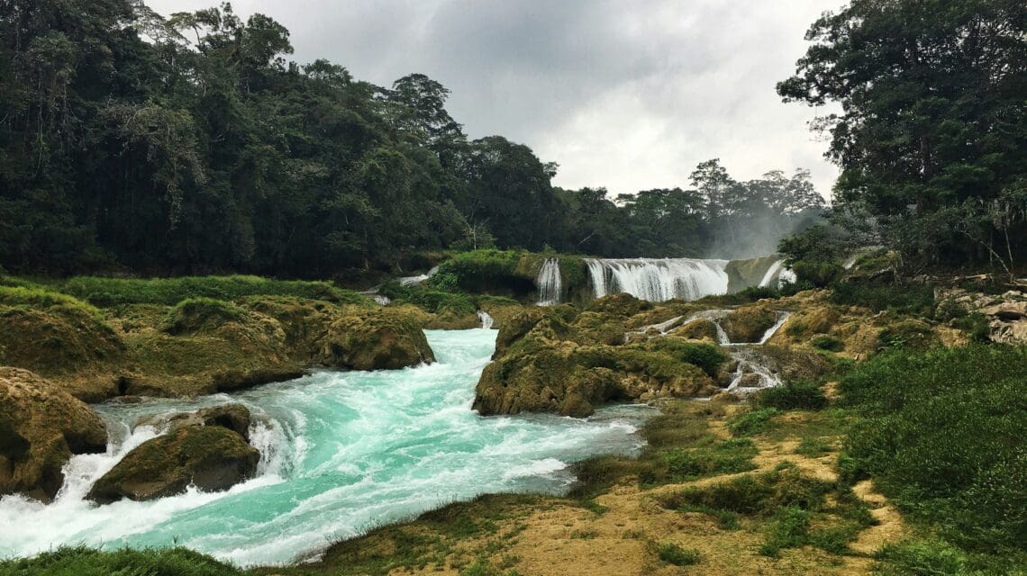 small cascade of waterfalls in a lush green landscape