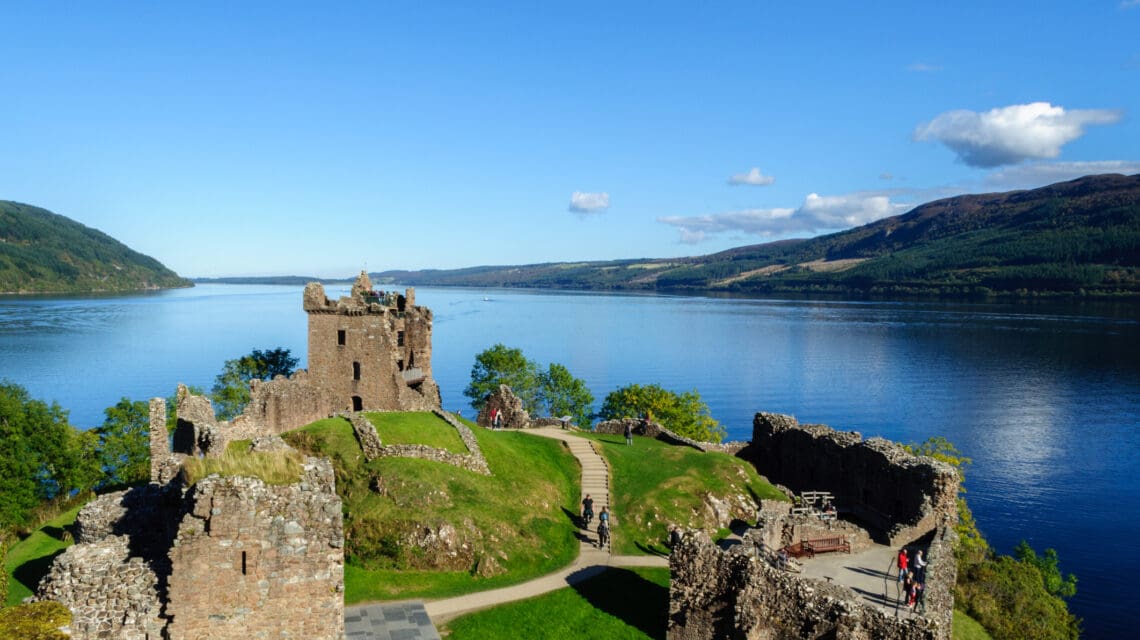 Castle ruins, on the shore of Loch Ness in the Scottish Highlands