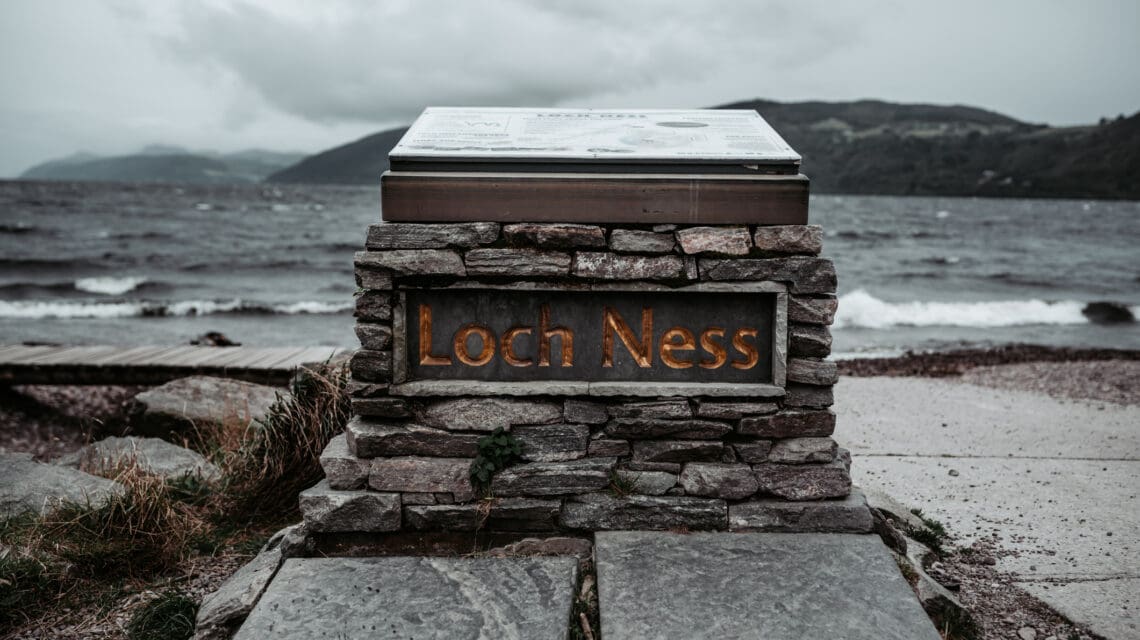A stone sign at one of the many viewpoints for Loch Ness in Scotland.