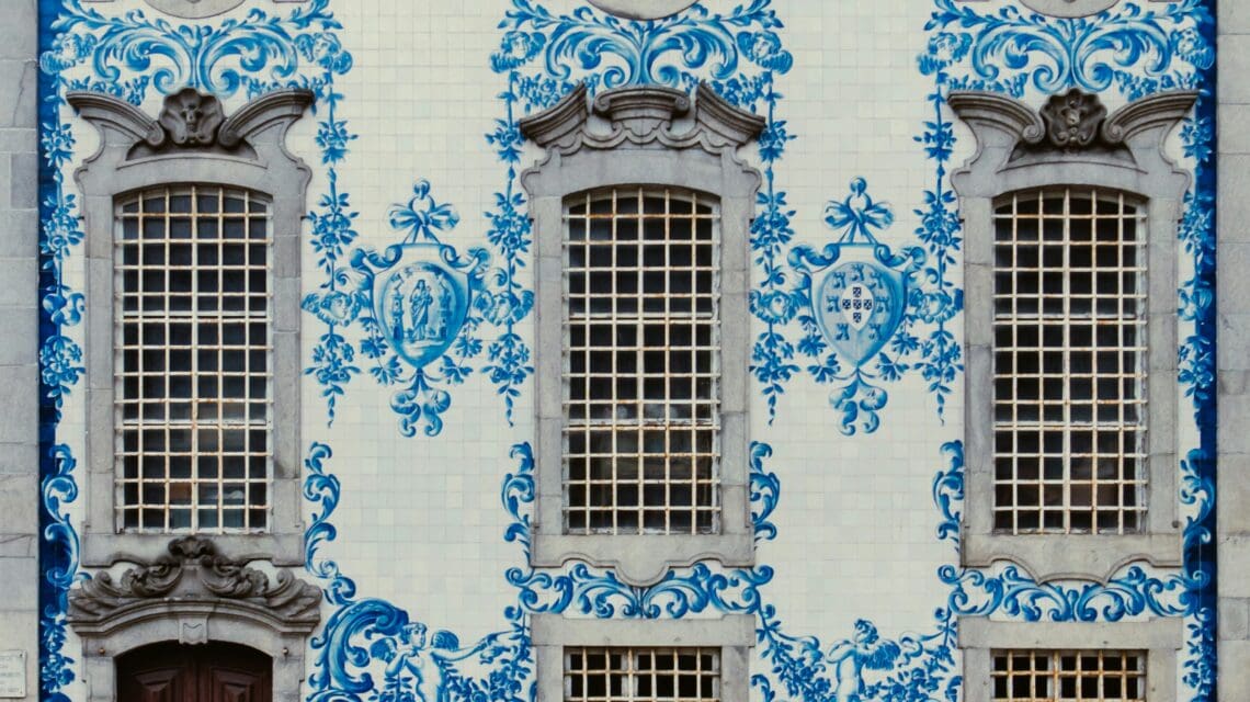 blue and white tiled building with ornate details