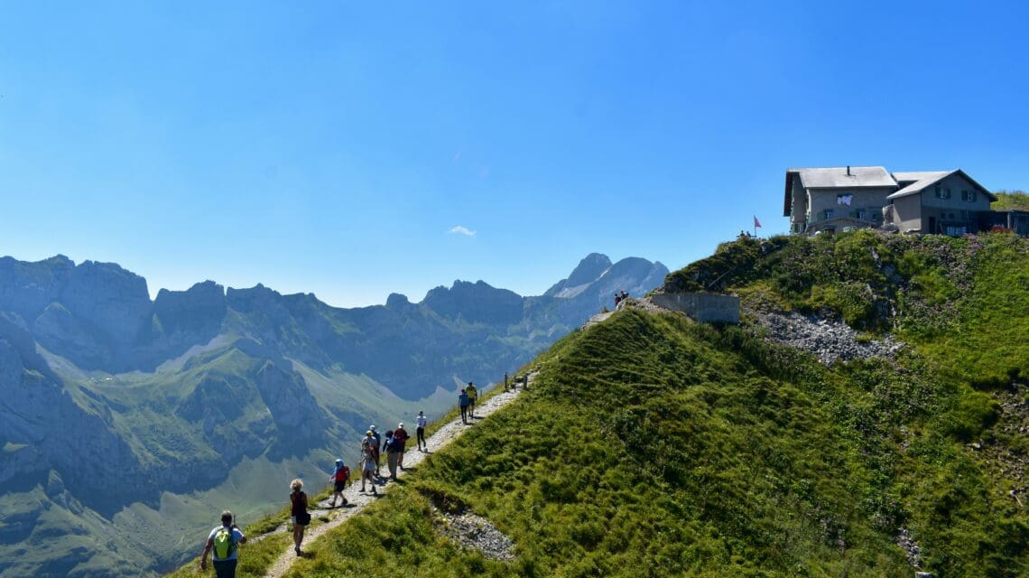 people walking on green grass field near mountain under blue sky during daytime